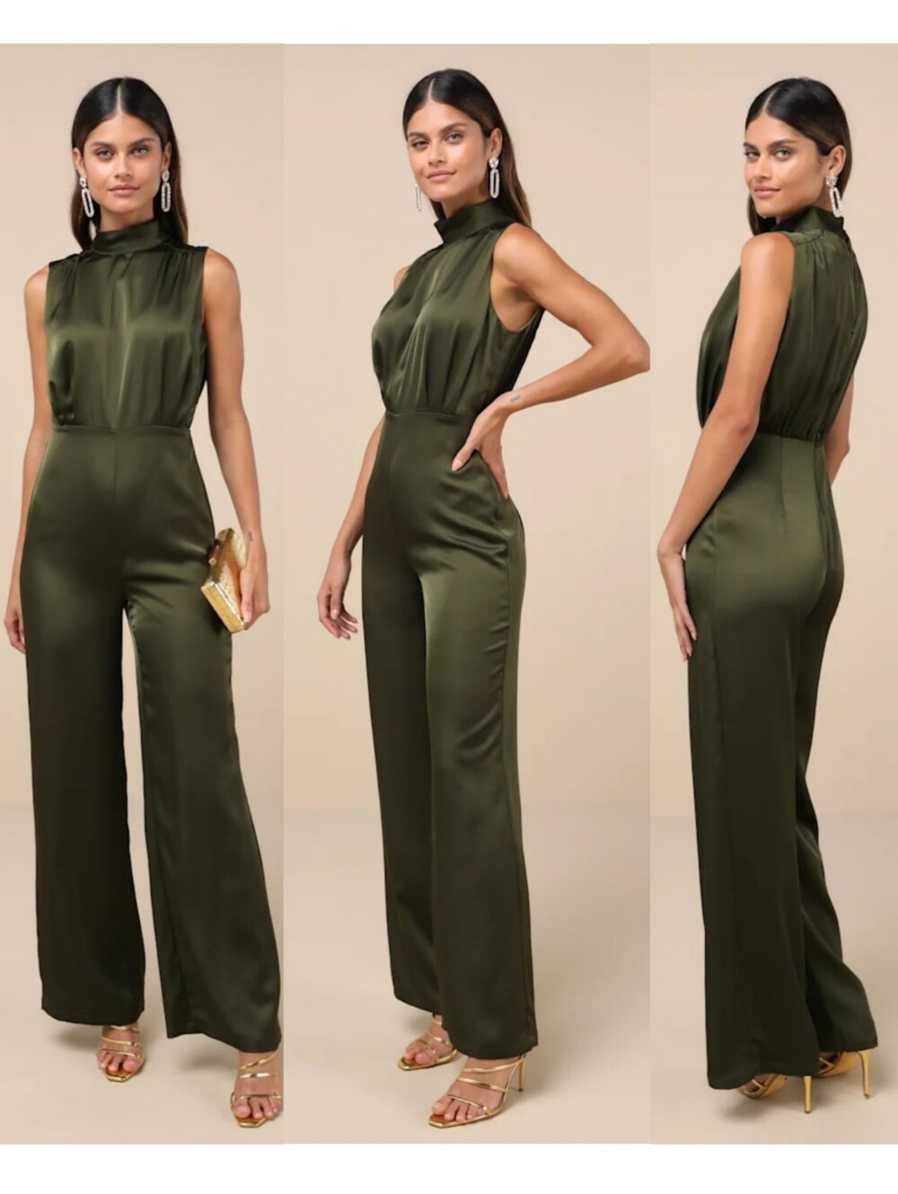 Lulus Classic Elegance Olive Green Satin Sleeveless Mock Neck Jumpsuit XS